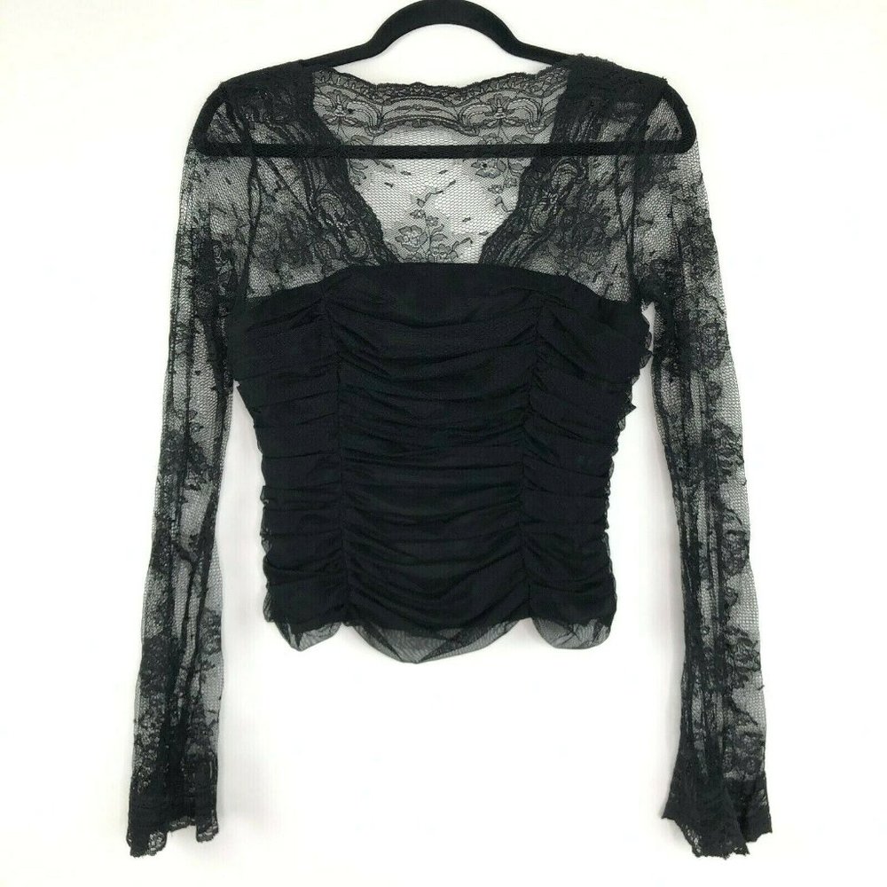 Vintage 90s Lace Bell Sleeve Ruched Blouse S